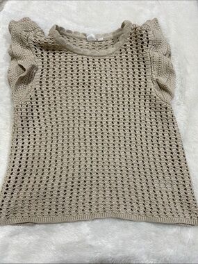 Beige Open-Knit Short Sleeve Sweater Top